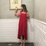 2016夏季新款韩国学院风不规则下摆红色吊带长裙女外穿背带连衣裙