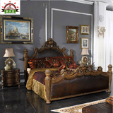 美式矮柱床欧式真皮纯实木床1.8米双人床奢华雕花四柱床深色婚床