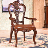 欧式餐椅美式实木真皮椅子休闲扶手椅书桌新古典餐桌椅仿古色餐椅