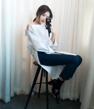 2016高俊熙同款韩版韩范学院风一字领露肩衬衫女白色长袖衬衣包邮