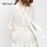 MO&Co.纯色V领飘带桑蚕丝衬衫 moco七分袖真丝上衣女MA162SHT61