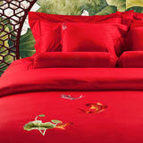 婚庆四件套大红全棉刺绣家纺床上用品床单被套纯棉1.8m结婚八件套