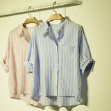 韩国代购前短后长五分袖条纹衬衫女夏季宽松薄款休闲简约显瘦上衣