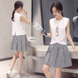 韩版夏装2016新款不对称个性印花T恤千鸟格子短裙韩版两件套女潮