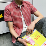 夏季男士短袖格子衬衫青少年韩版休闲衬衣修身亚麻百搭寸衬潮