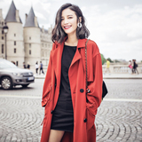 Audrey Wang2016新款高端欧美大牌红色风衣女春秋宽松超长款外套