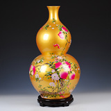 景德镇陶瓷器 欧式金色福寿图葫芦落地花瓶 客厅装饰品摆件 大号
