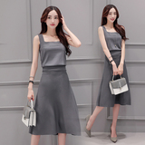 针织两件套裙子女修身无袖背心半身裙灰色套装裙2016秋装新款韩版