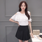 韩版学院风夏季少女露肩雪纺上衣半身裙套装初中学生连衣裙两件套