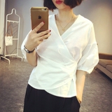 韩国设计师款气质系带V领中袖白衬衫女修身百搭时尚OL短款上衣夏