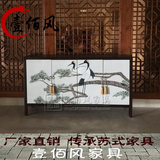 新中式彩绘写意花鸟四屉四门餐边玄关柜鞋柜储物柜实木家具可定制