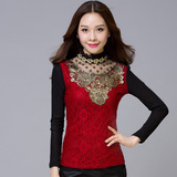 2015冬季新款韩版女士加绒加厚保暖蕾丝衫半高领打底衫长袖T恤女