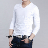 2016春装新款韩版男装修身V领休闲个性潮流纯色打底衫男士长袖T恤
