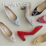 Ouba 韩国代购尖头高跟水钻方扣单鞋中跟粗跟浅口伴娘婚流行女鞋
