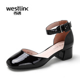 Westlink/西遇2016春季新款 日系漆皮方头中跟真皮中空浅口女单鞋