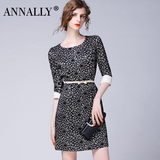Annally2016春装新款优雅气质OL修身显瘦通勤七分袖蕾丝连衣裙