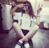 2016夏季新品韩版女装百搭学院风修身显瘦背带装饰闺蜜短袖T恤