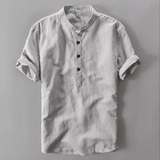 文艺范夏季新款立领亚麻中袖衬衫中国风复古短袖棉麻衬衣男薄白色