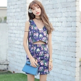 韩国2016夏装新款修身显瘦复古碎花印花V领背心+包臀短裙两件套装