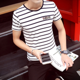 条纹夏季流行男士短袖T恤韩版修身圆领体恤套头青年休闲打底衫男