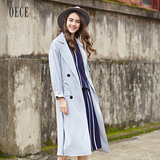 Oece2016春装新款女装 复古翻领撞色双排扣收腰长款风衣外套TJ110
