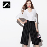 ZK显瘦V领衬衫竖条纹七分裤时尚套装两件套夏季2016春款新款女装