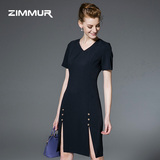 ZIMMUR2016春装新款女装V领短袖中腰修身显瘦OL通勤连衣裙中裙