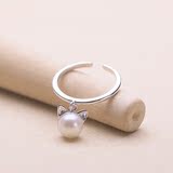 日韩可爱甜美天然珍珠猫耳吊坠戒指 925纯银开口戒指女送女友礼物