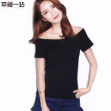 2016韩版夏装性感一字领露肩上衣纯色棉短袖T恤女修身紧身打底衫