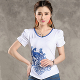 2016夏装新款中国风复古女装上衣民族风凤凰刺绣短袖T恤短款衬衫