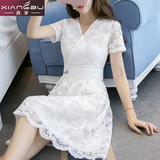 裙子2016夏季新款韩版女装中长款V领绣花修身白色A字裙蕾丝连衣裙