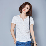2016夏季新款韩版棉上衣半袖夏装修身女装小衫v领白色T恤女短袖潮