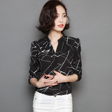 2016春季新品上衣韩版时尚气质印花雪纺衫长袖V领职业装衬衣女