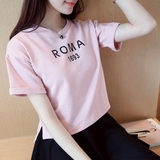 韩版宽松短袖T恤女夏字母前短后长半袖高腰短款体恤衫上衣学生装