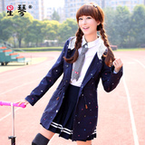 星琴少女春装2016新款初高中学生印花风衣韩版中长款连帽外套