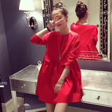 孕妇春装2016新款韩版上衣娃娃衫韩国时尚红色宽松春季长袖连衣裙