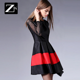 ZK旗舰店女装2016春装新款长袖拼接蕾丝袖连衣裙修身显瘦收腰撞色