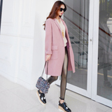 2015冬季新款韩国东大门实拍肉粉色翻领中长款手工双面羊绒大衣