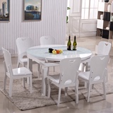 白色汽车烤漆实木餐桌可伸缩冰花钢化玻璃餐桌椅组合圆形折叠餐桌