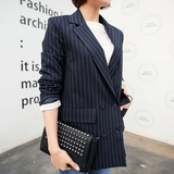 韩国代购 Qnigirls正品 女新 时尚竖条纹双排扣夹克