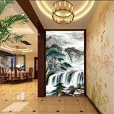 中式无缝壁纸水墨国画山水风景迎客松过道玄关背景墙纸装饰壁画