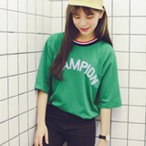 夏装韩版原宿风螺纹领字母撞色棒球服上衣 宽松学生短袖T恤女体恤
