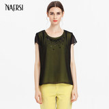 NAERSI/娜尔思2016夏季新款女装假两件通勤OL短袖纯色雪纺衫T恤