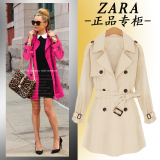 Zara女装正品代购2014秋新款欧洲站双排扣中长款翻领系带风衣外套