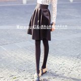 2016春夏新 原创设计黑色复古A字加厚褶皱气质半身裙中裙