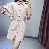 2016初秋新款韩版衬衫ol木耳边长袖纯色单排扣中长款连衣裙配腰带