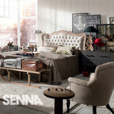 SENNA-欧式家具 亚麻布艺软包橡木双人床 法式田园实木单人床美式