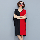 2016欧美大码女装黑红拼接舒适长款雪纺珠连衣裙