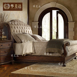 美式全实木布艺双人床欧式新古典仿古做旧床样板房家具雕花床定制