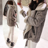 韩国冬装新款鹿皮绒羊羔毛外套女中长款保暖加厚棉衣显瘦机车服潮